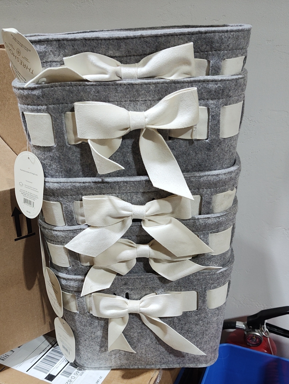Target Gray Felt Storage Bins with Cream Bow Accents